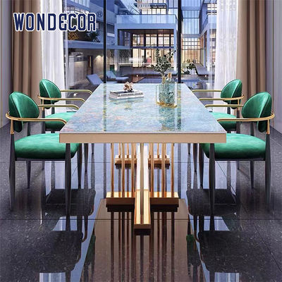 Hotel Luxury Furniture Art Marble Countertop Kitchen Table Stainless Steel Gold Plated
