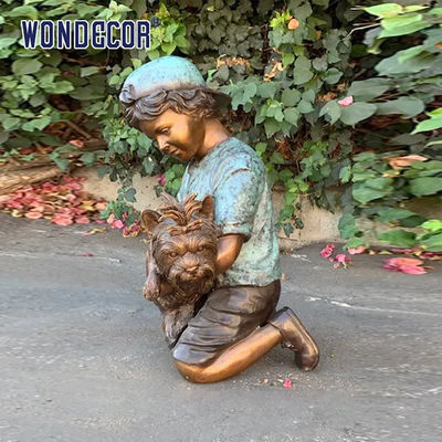 Customized garden decoration, life-size bronze statue of a young man playing with his dog
