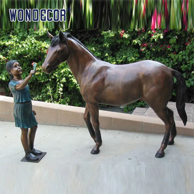 Custom Life Size A Bronze Statue Of A Girl Playing With Her Horse Friend