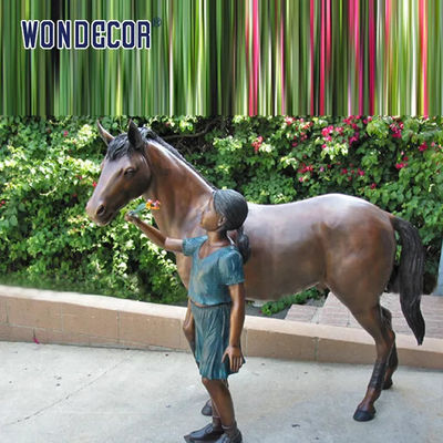 Custom Life Size A Bronze Statue Of A Girl Playing With Her Horse Friend