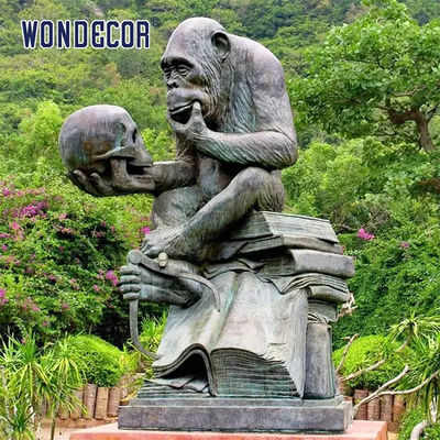 Casting bronze chimpanzee scholar trinket box monkey holding skeleton statue