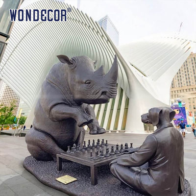Smooth Bronze Sculpture Art Rhinoceros And Dog Playing Chess Together