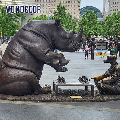 Smooth Bronze Sculpture Art Rhinoceros And Dog Playing Chess Together