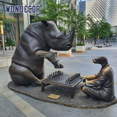 Smooth Bronze Sculpture Art Rhinoceros And Dog Playing Chess Together