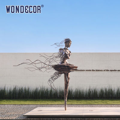 Large metal art decoration abstract hollow silk thread ballet dancer copper sculpture
