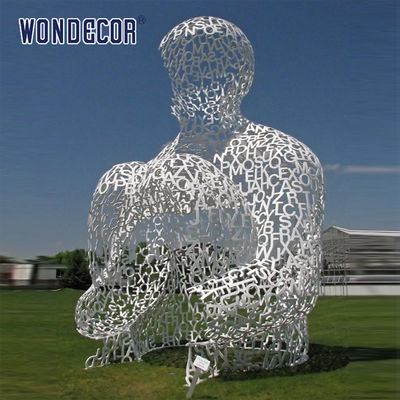 Outdoor large hollow metal art sitting person stainless steel sculpture