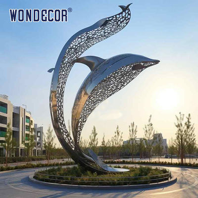 Large outdoor park metal art hollow lines dolphin stainless steel sculpture