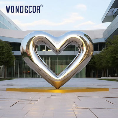Large outdoor square modern abstract geometric hollow heart-shaped stainless steel sculpture