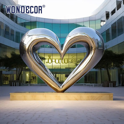 Large outdoor square modern abstract geometric hollow heart-shaped stainless steel sculpture