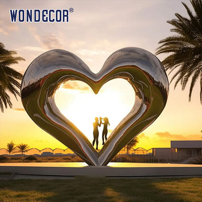 Large outdoor square modern abstract geometric hollow heart-shaped stainless steel sculpture