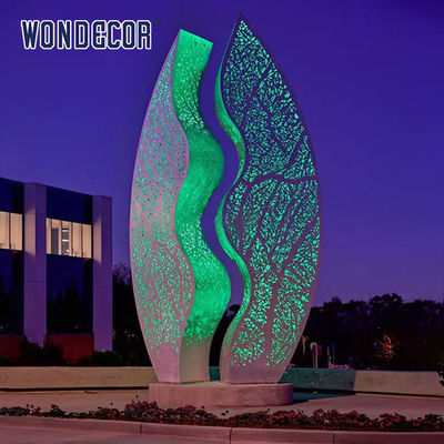 Large outdoor square shaped LED wave hollow geometric stainless steel sculpture