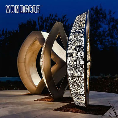 Large outdoor square shaped LED wave hollow geometric stainless steel sculpture