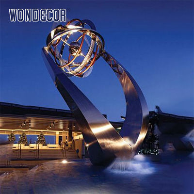 Large LED Modern Outdoor Fountain Stainless Steel Sculpture With Globe