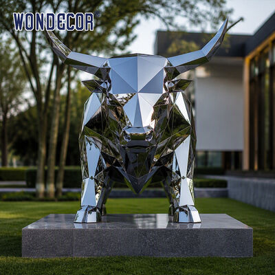 Large Mirror Stainless Steel Geometric Faceted Bull Sculpture for Enterprise Park & Sales Office Landscape