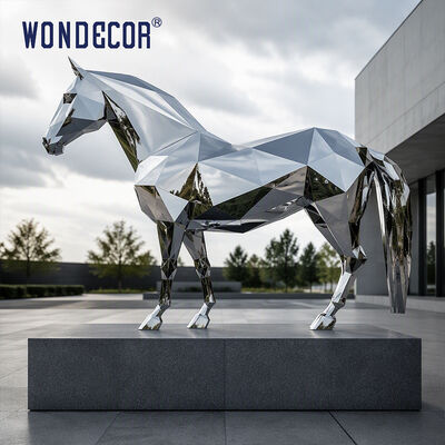 Large Mirror Stainless Steel Geometric Faceted Horse Sculpture for Corporate Plaza & Office Building Landscape